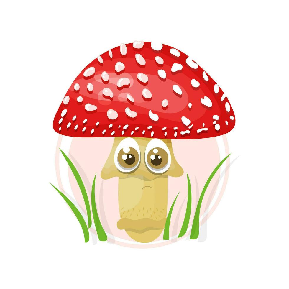 Sad cartoon mushroom fly agaric. Inedible amanita mushroom vector illustration.