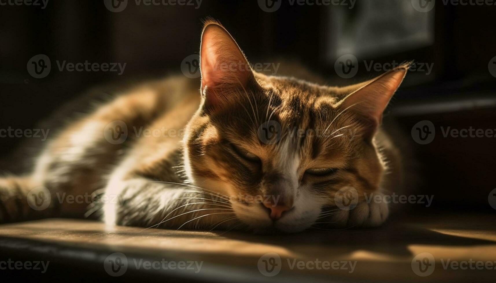 A cute, fluffy kitten with striped fur sleeping indoors peacefully generated by AI photo