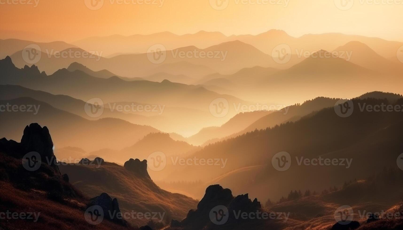 majestuoso montaña rango silueta a atardecer, un tranquilo escena generado por ai foto