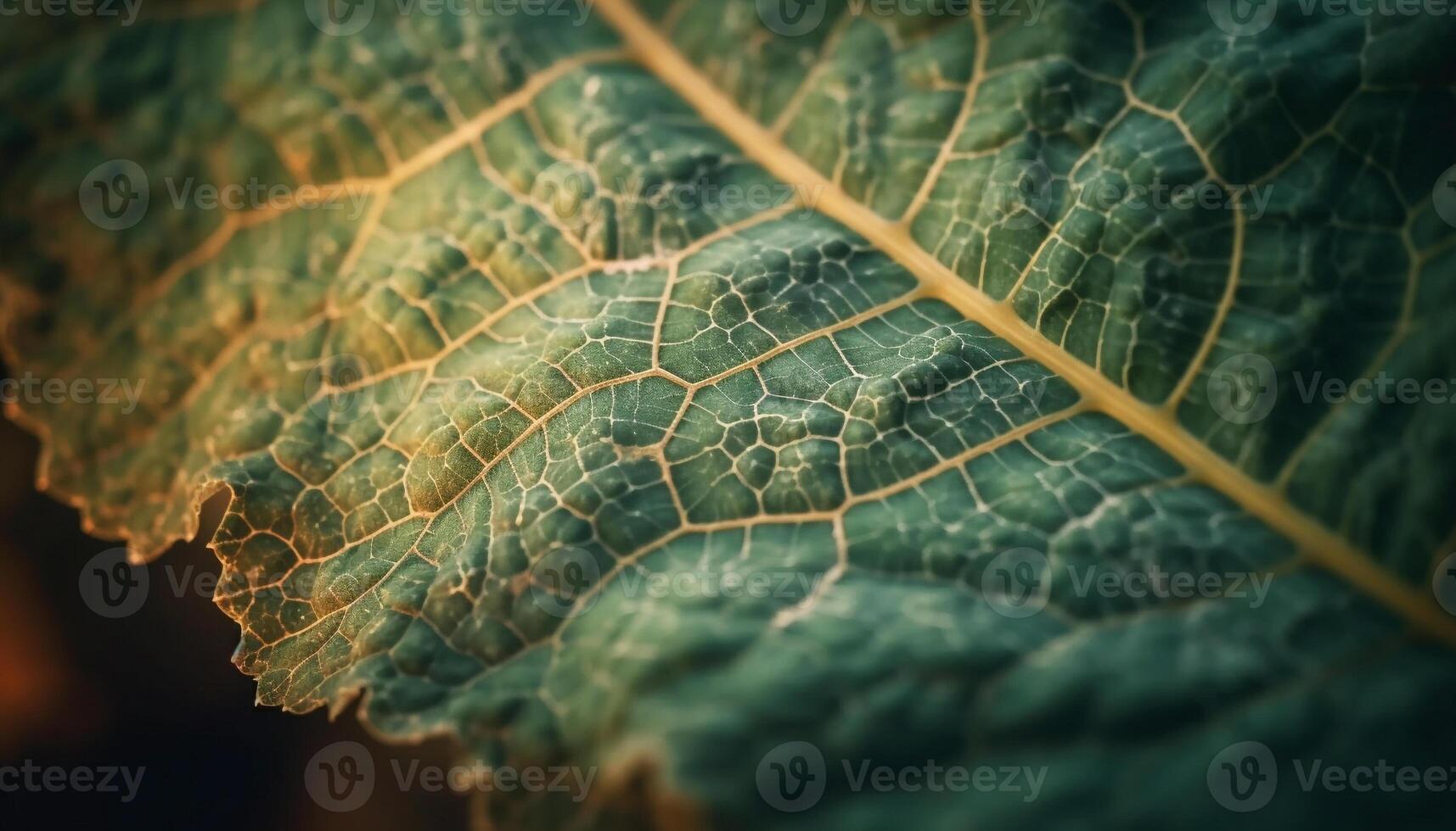 Vibrant leaf vein pattern on wet plant in dark forest generated by AI photo