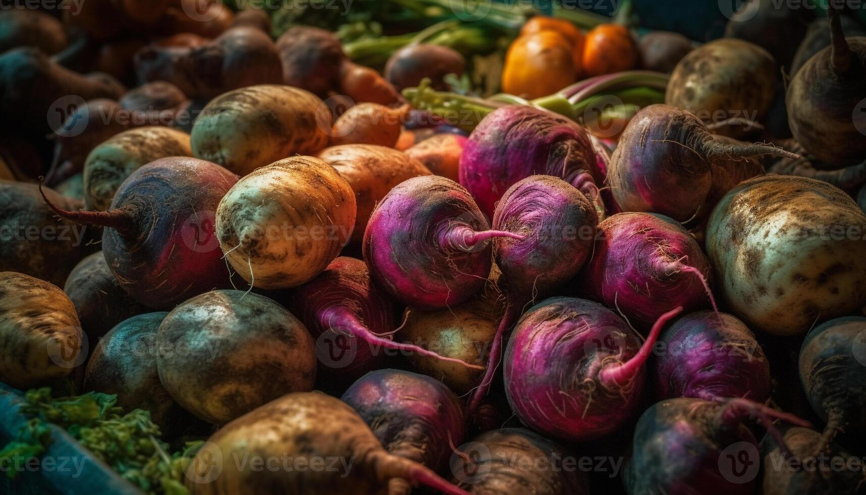 Fresh, organic vegetables in multi colored heap for healthy eating generated by AI photo