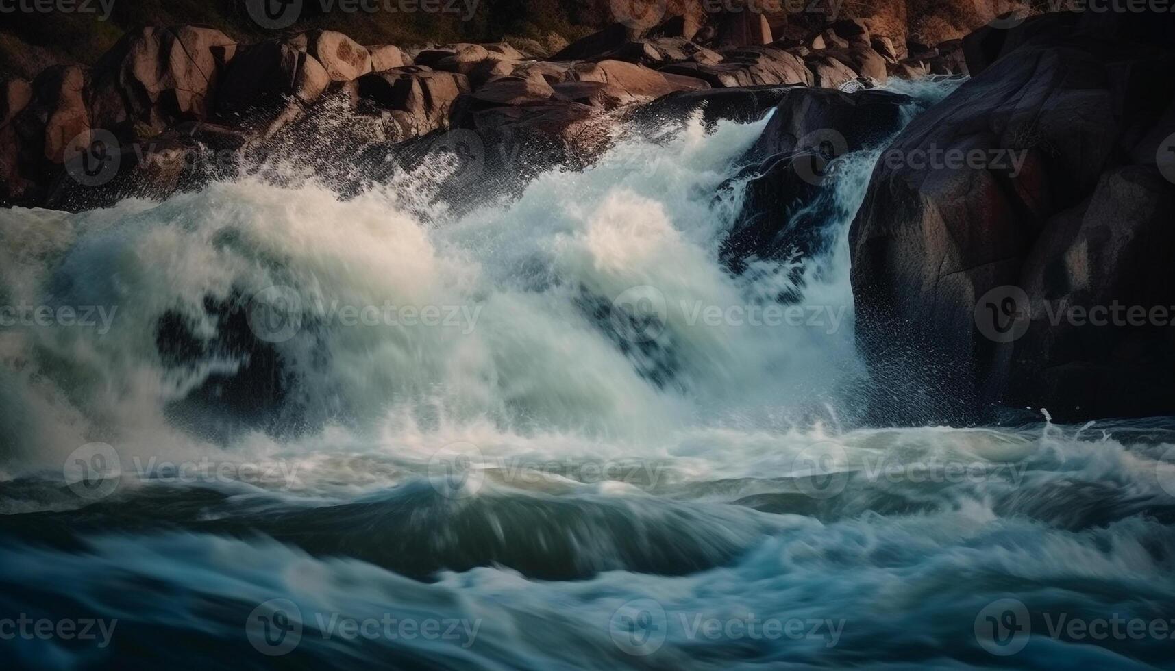 rápido olas salpicaduras en contra rocoso acantilado, belleza en naturaleza generado por ai foto