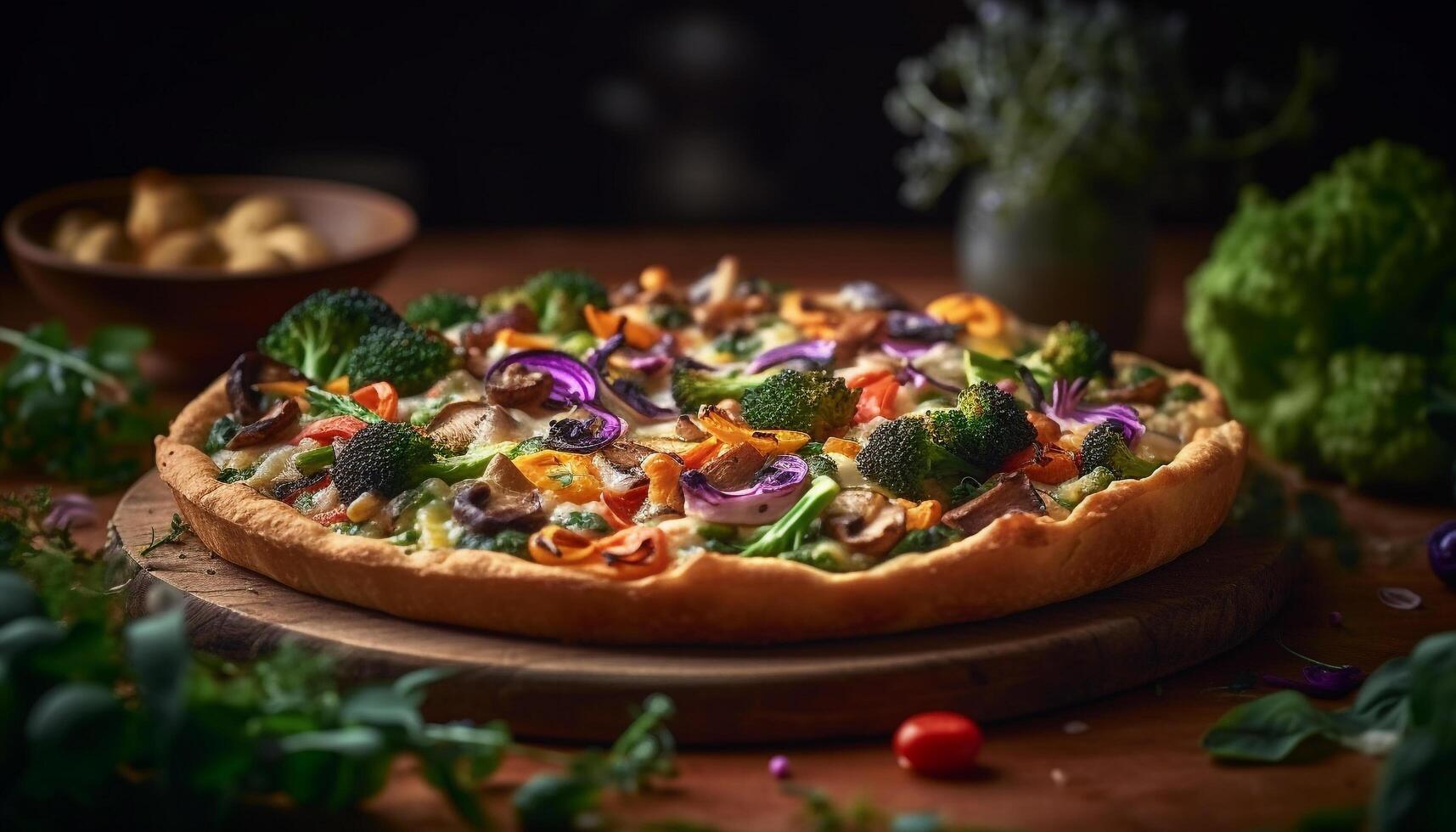 Freshly baked homemade pizza on rustic wood table, gourmet lunch generated by AI photo