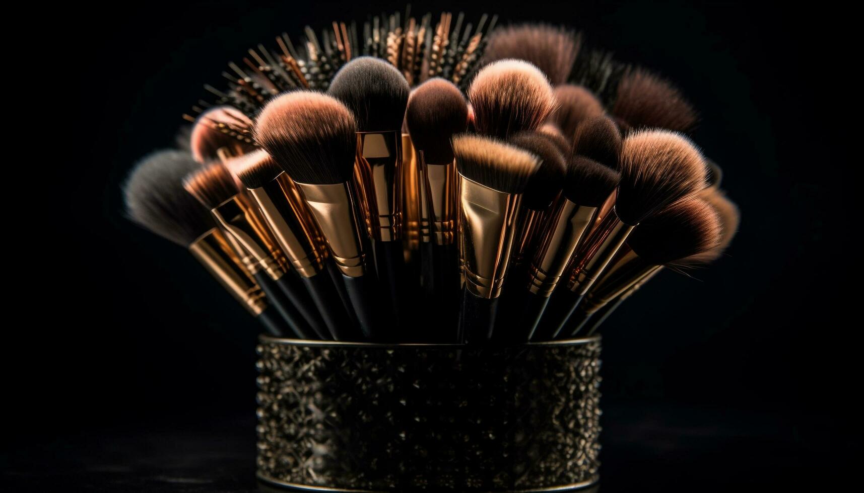 A luxurious beauty collection eyeshadows, mascara, and face powder generated by AI photo