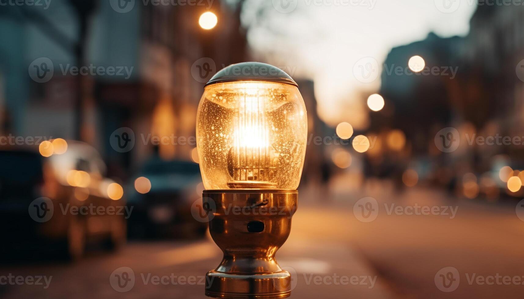 The glowing yellow lantern illuminated the dark city street at dusk generated by AI photo