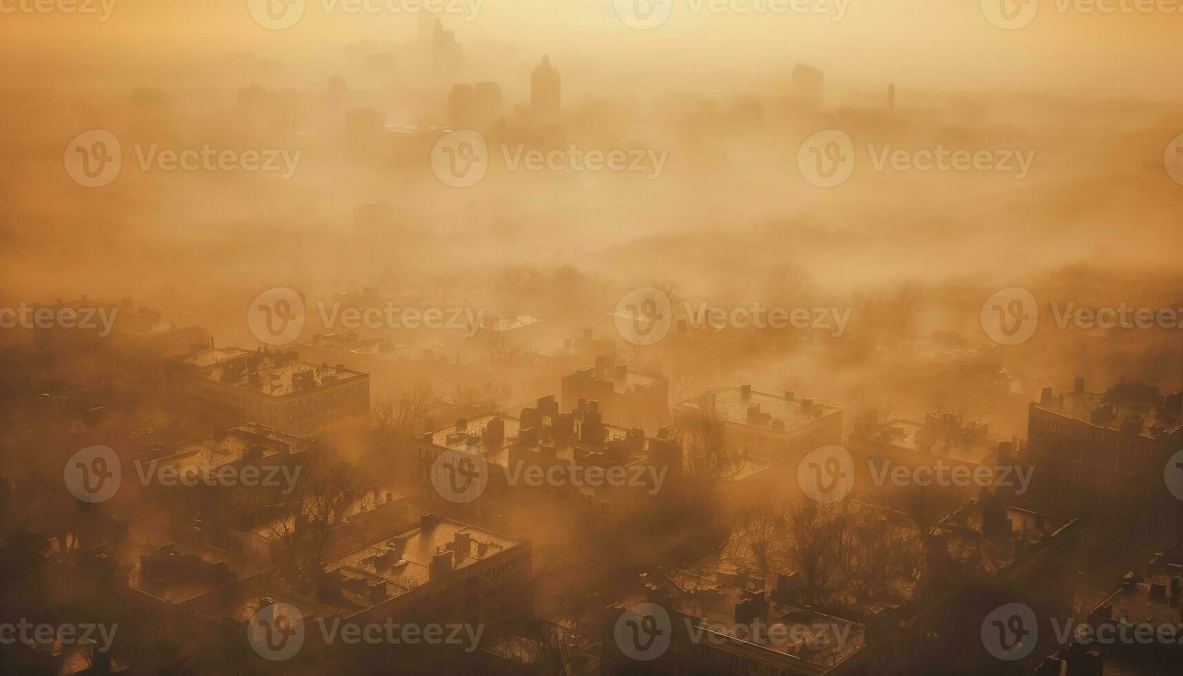 The smoggy city skyline at dusk, a polluted atmosphere generated by AI photo