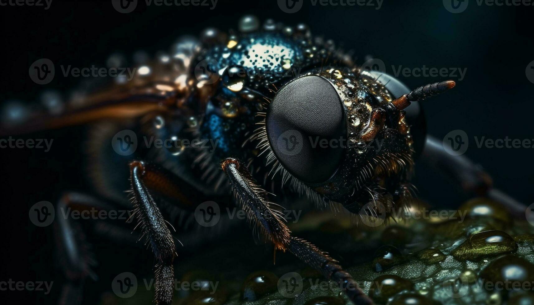 The hairy housefly spooky eye in selective focus, magnified macro generated by AI photo