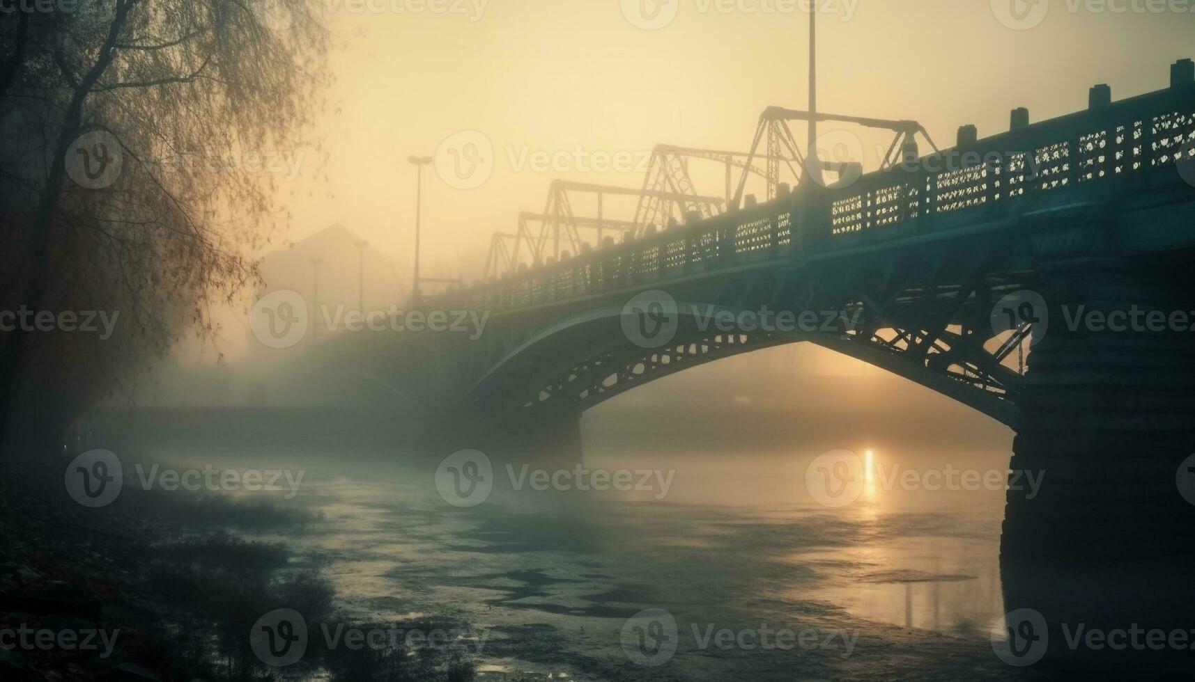 The steel arch bridge reflects the sunset in tranquil scene generated by AI photo