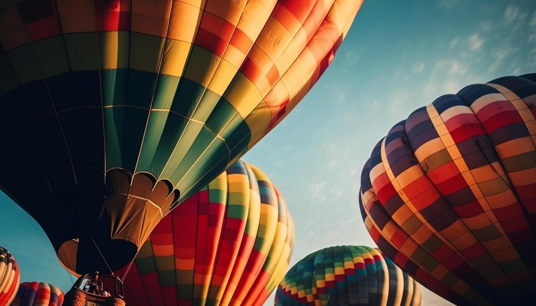 Colorful hot air balloon soars in mid air, igniting excitement generated by AI photo