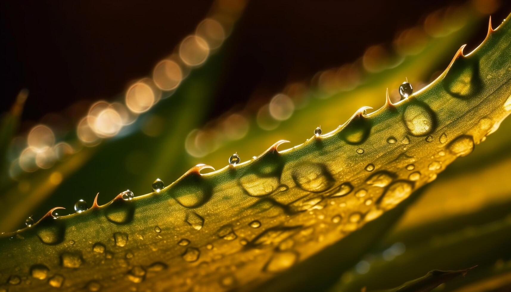 Fresh dew drops on vibrant green leaf, nature abstract pattern generated by AI photo