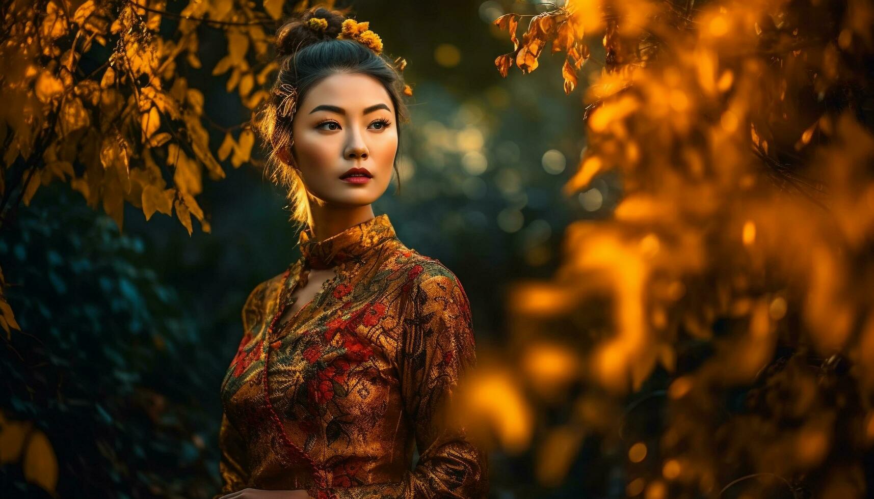 uno hermosa mujer en naturaleza, mirando a cámara, sonriente generado por ai foto