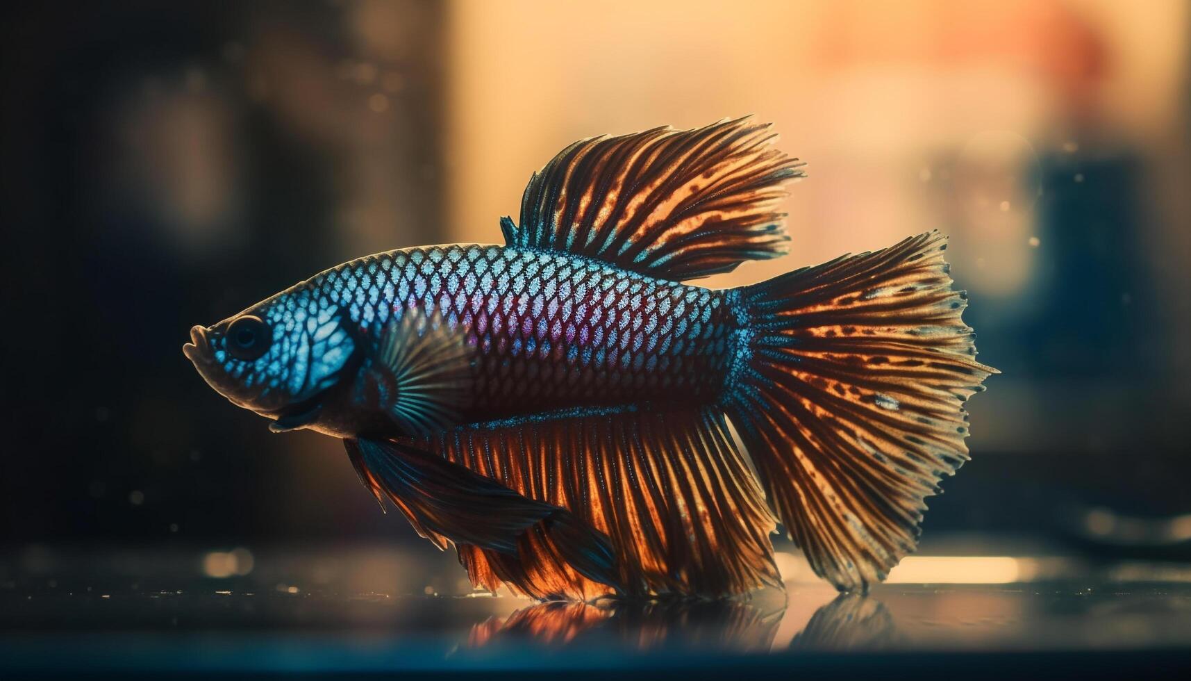 Siamese fighting fish flaunts multi colored tail in underwater luxury generated by AI photo