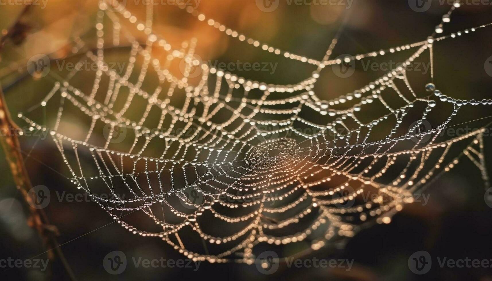 Spinning web traps dew drops, showcasing spider fragility and beauty generated by AI photo