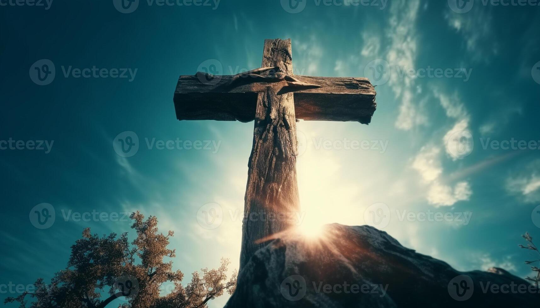 Praying at the cross, seeking forgiveness in nature tranquil scene generated by AI photo