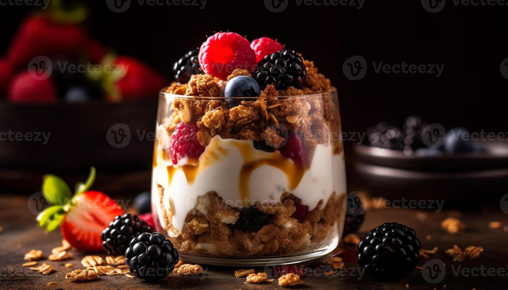 A gourmet parfait with fresh berries, granola, and chocolate mousse generated by AI photo