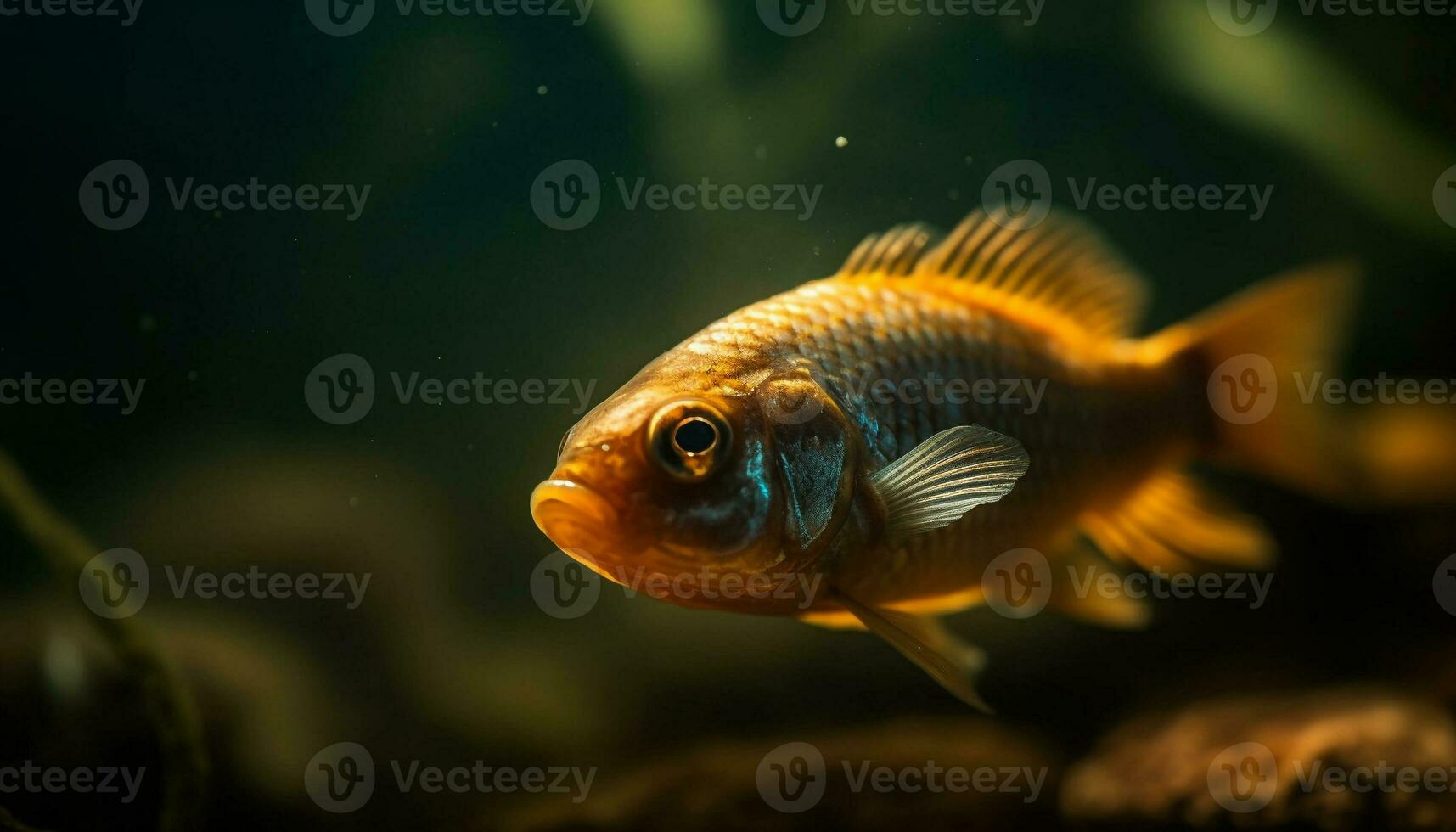 A multi colored goldfish swims in a transparent freshwater pond generated by AI photo