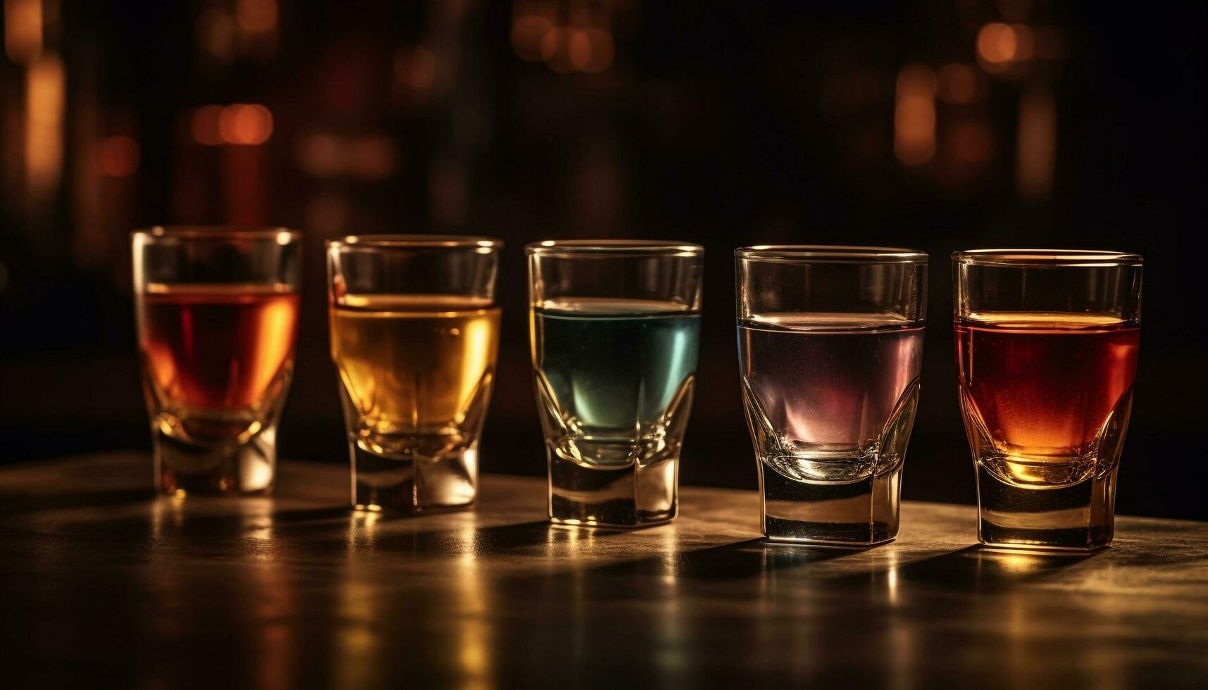 A luxurious bar counter with a collection of illuminated liquors generated by AI photo