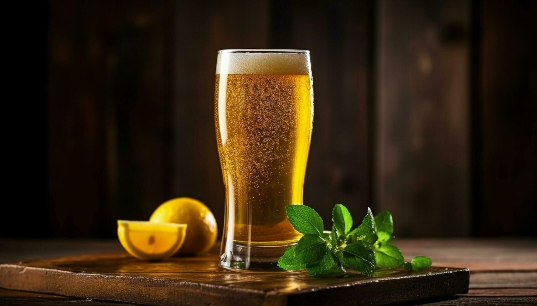 A frothy pint of cold beer on a rustic wooden table generated by AI photo