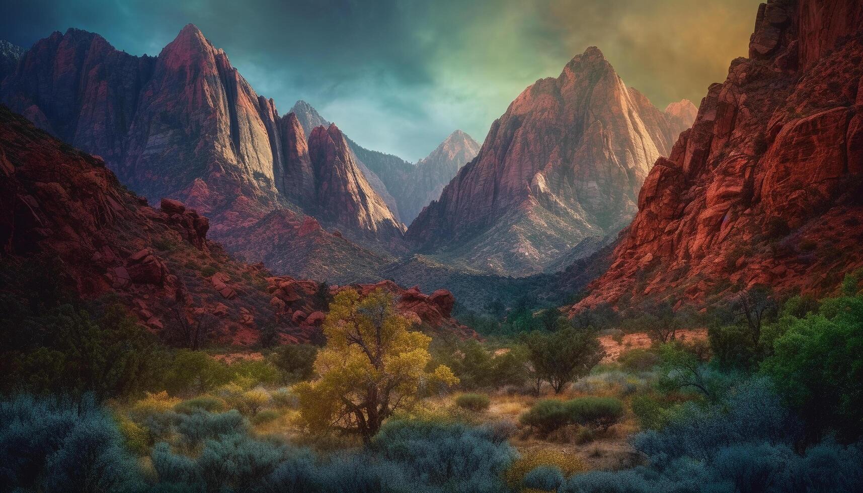 el majestuoso montaña rango a oscuridad, un tranquilo desierto aventuras generado por ai foto