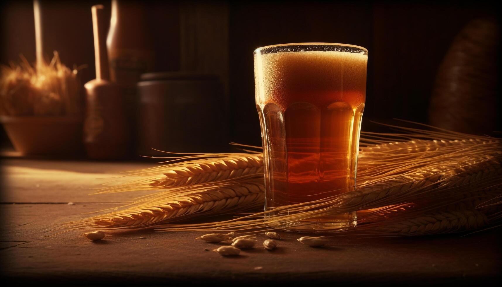 A frothy drink in a gold colored pint glass on wood generated by AI photo