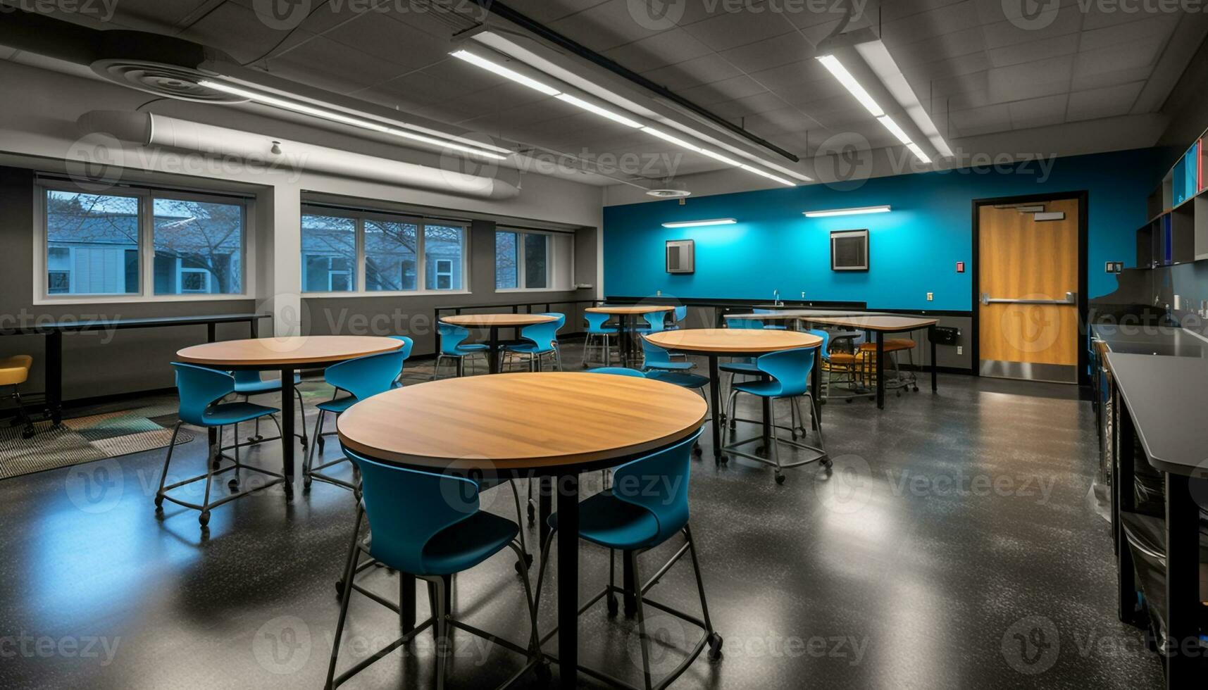 moderno salón de clases con azul sillas y de madera escritorios para aprendizaje generado por ai foto