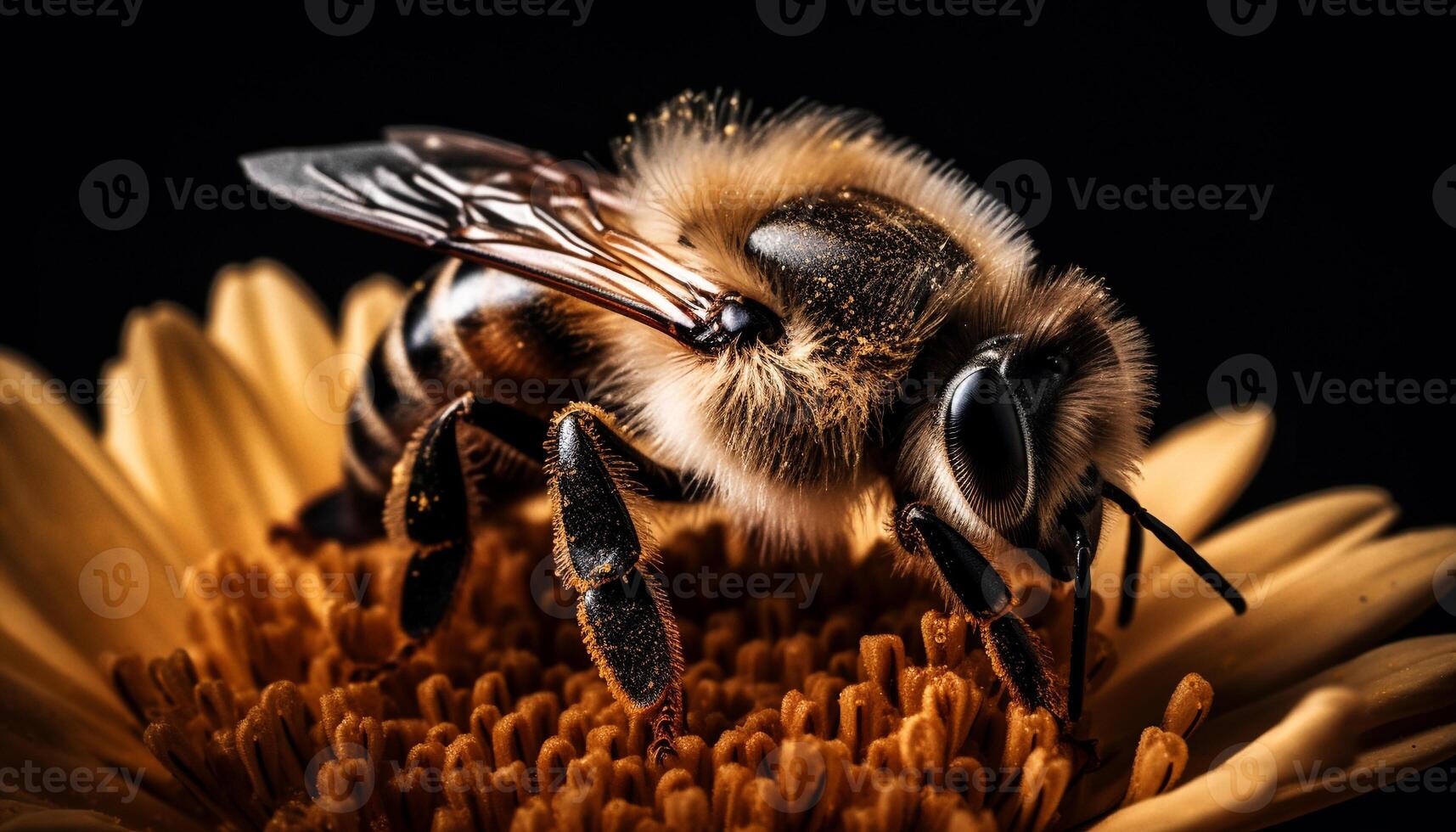 A busy honey bee picks up pollen from a single flower generated by AI photo