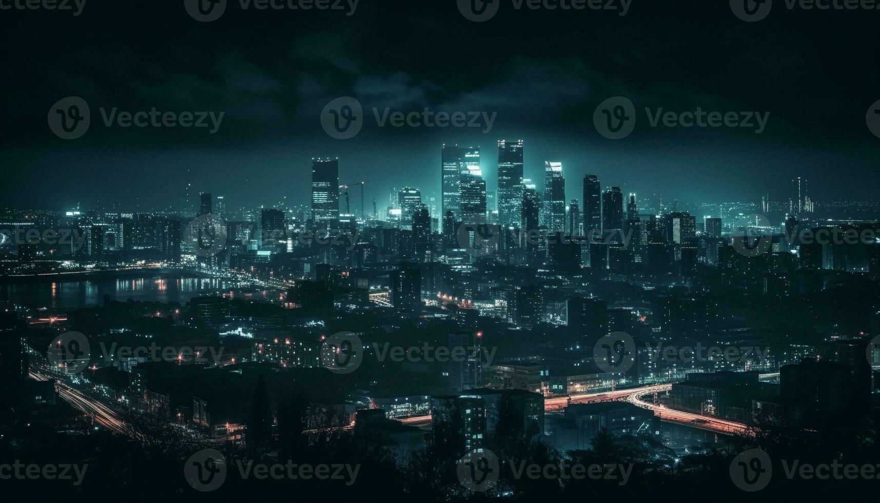 The bright city skyline glows with modern skyscrapers at night generated by AI photo