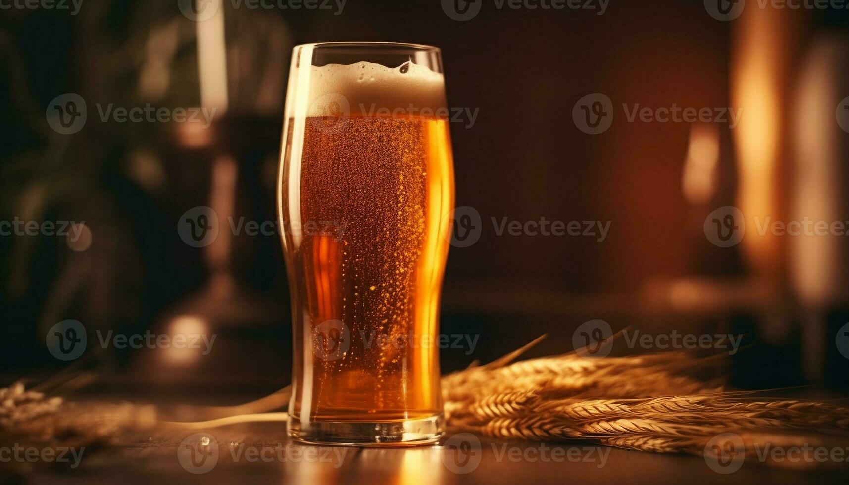 A frothy pint of gold colored stout poured on bar counter generated by AI photo