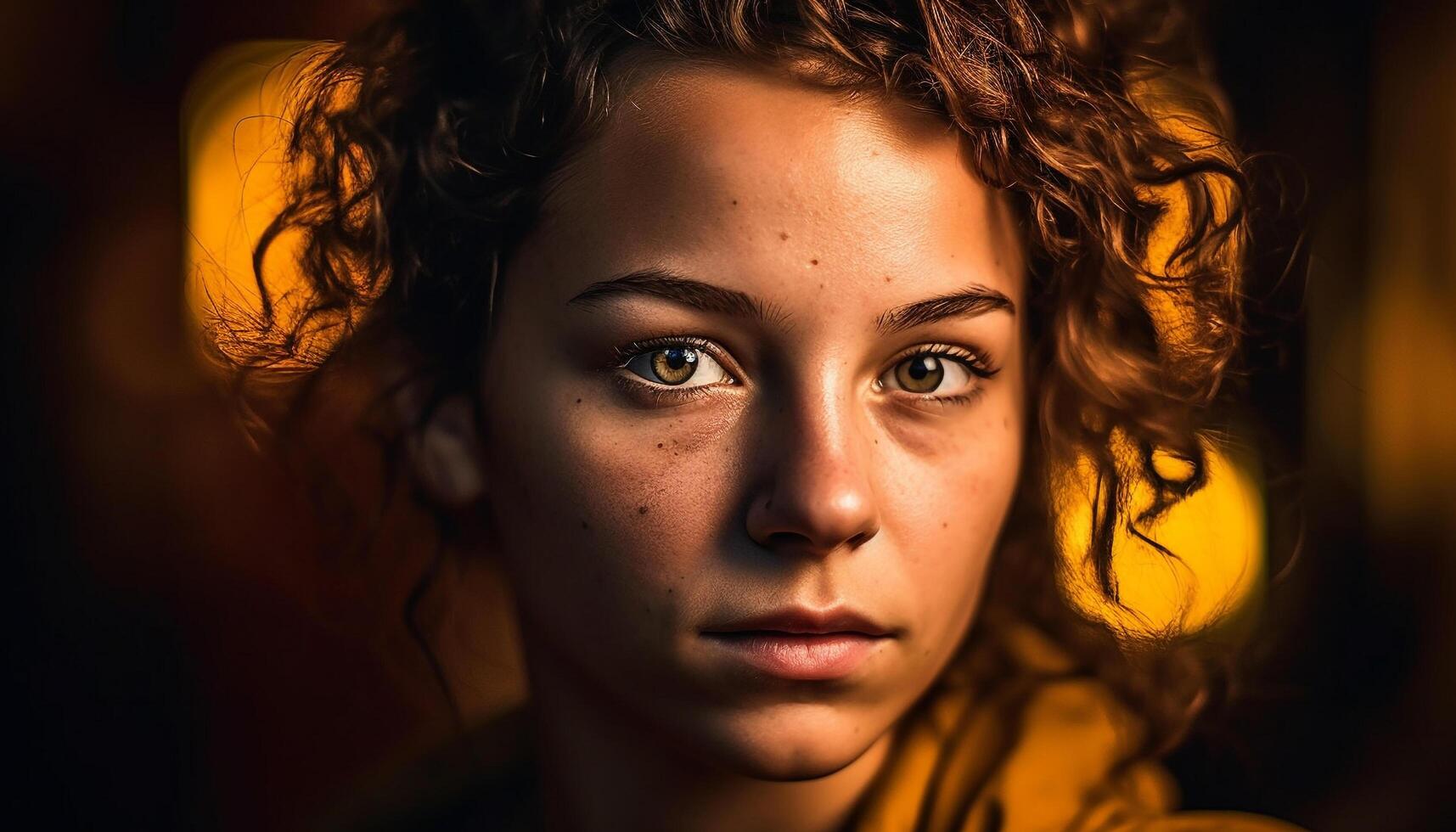 Cute young woman with curly brown hair looking at camera generated by AI photo