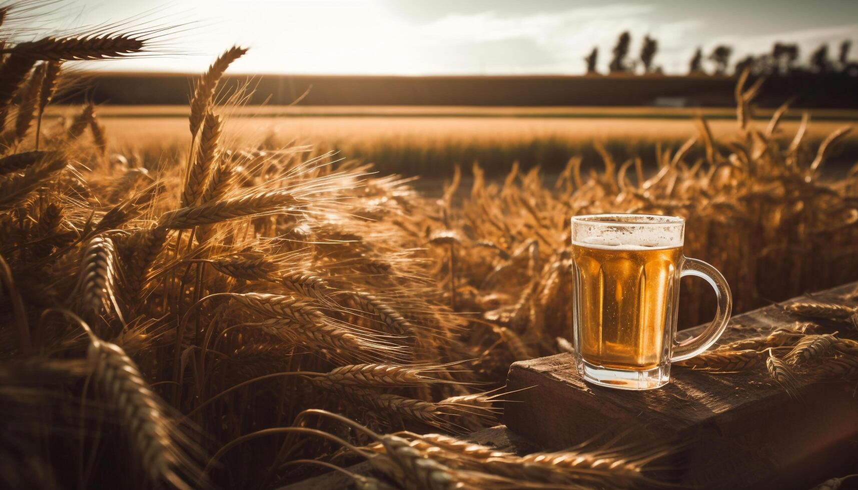 A frothy drink of golden beer on a rustic table generated by AI photo