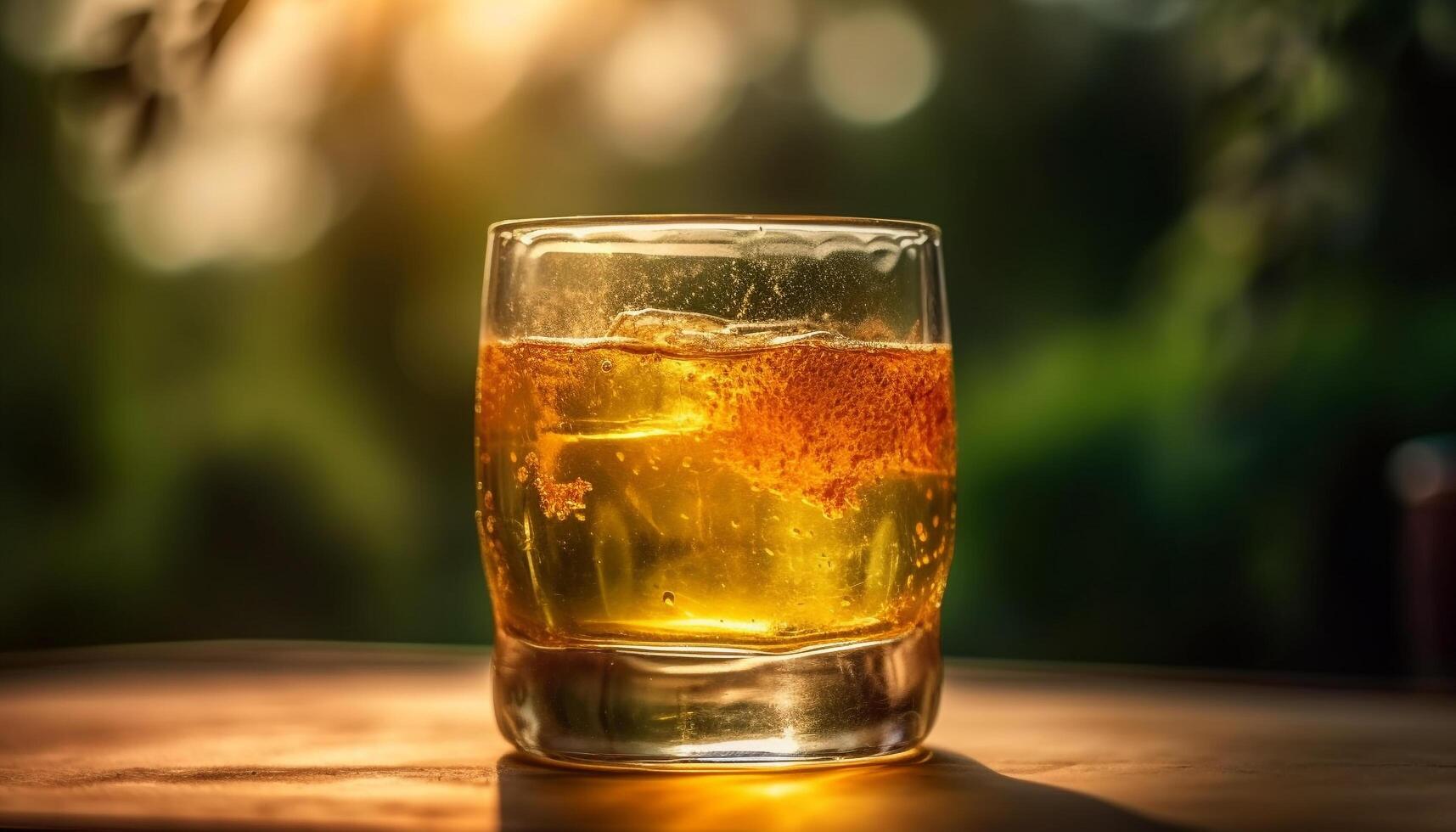 A refreshing whiskey cocktail on a wooden table outdoors at sunset generated by AI photo