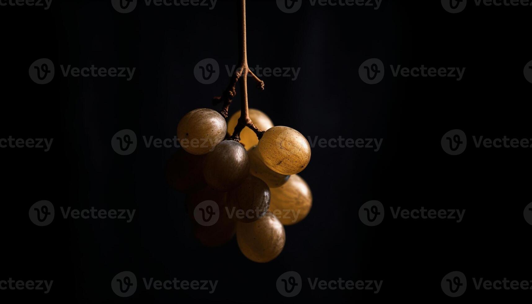 Ripe grapes hanging on branch, on black background generated by AI photo