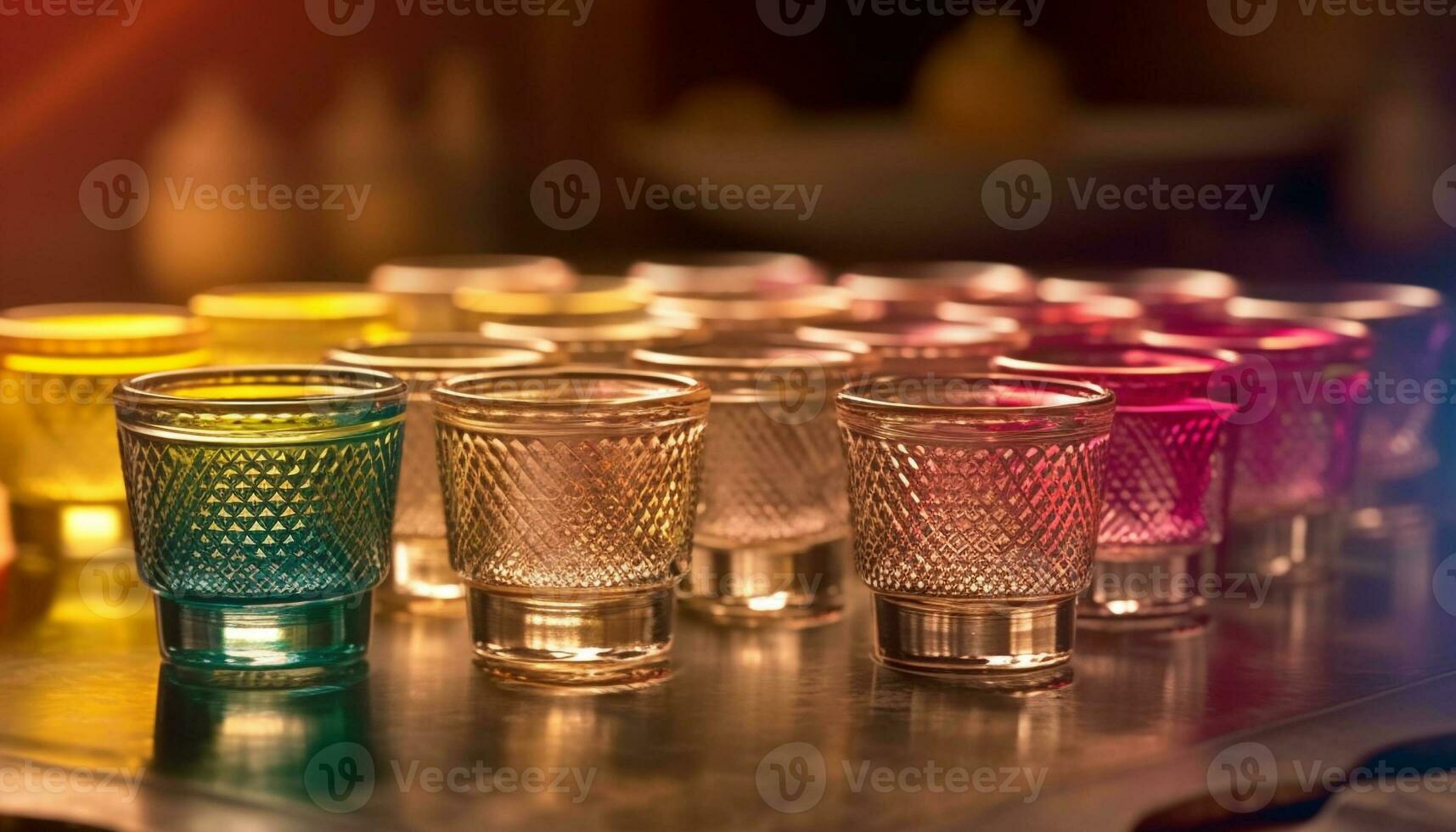 un fila de vistoso Disparo lentes en un brillante metal bar generado por ai foto