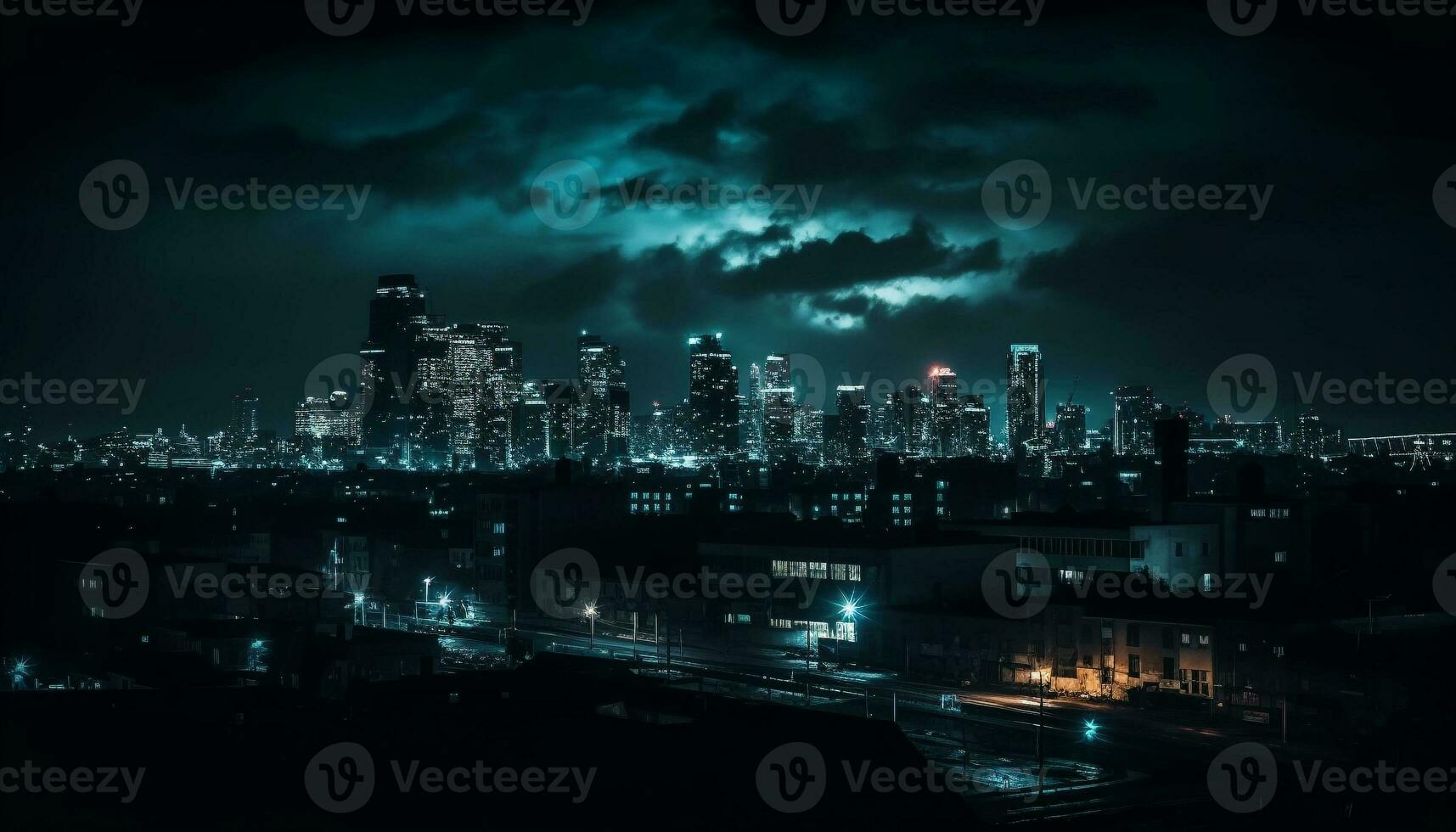 el iluminado rascacielos de el financiero distrito a crepúsculo generado por ai foto