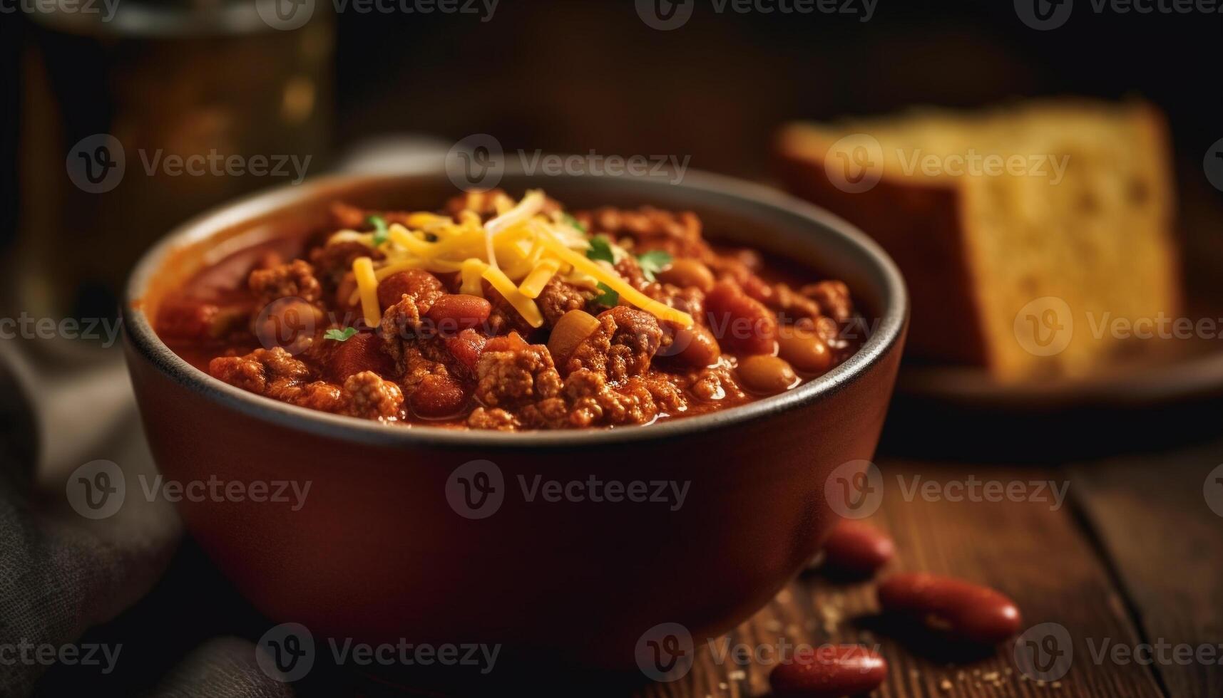 un rústico cuenco de hecho en casa chile, cocido con Fresco carne generado por ai foto