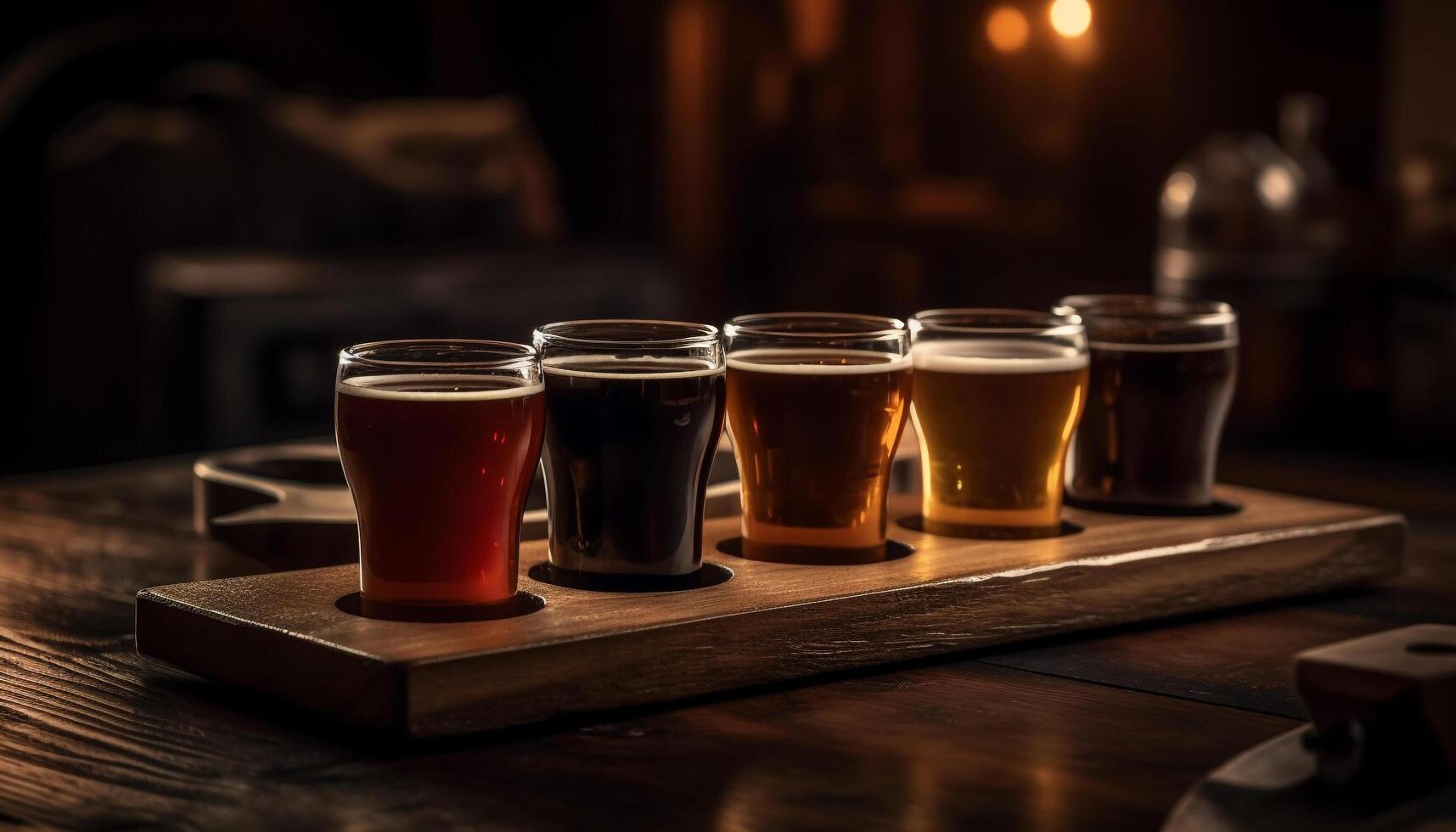 A frothy pint of stout on a dark wooden table generated by AI photo