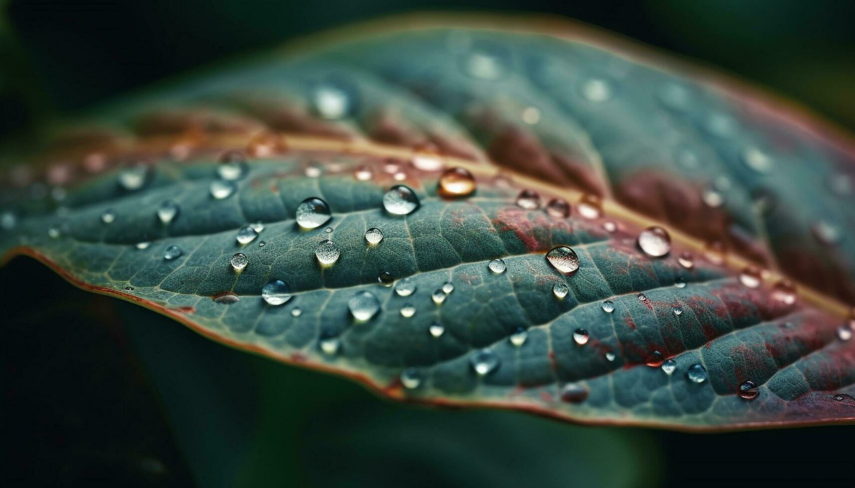 Fresh dew drops on vibrant green leaf, nature beauty revealed generated by AI photo