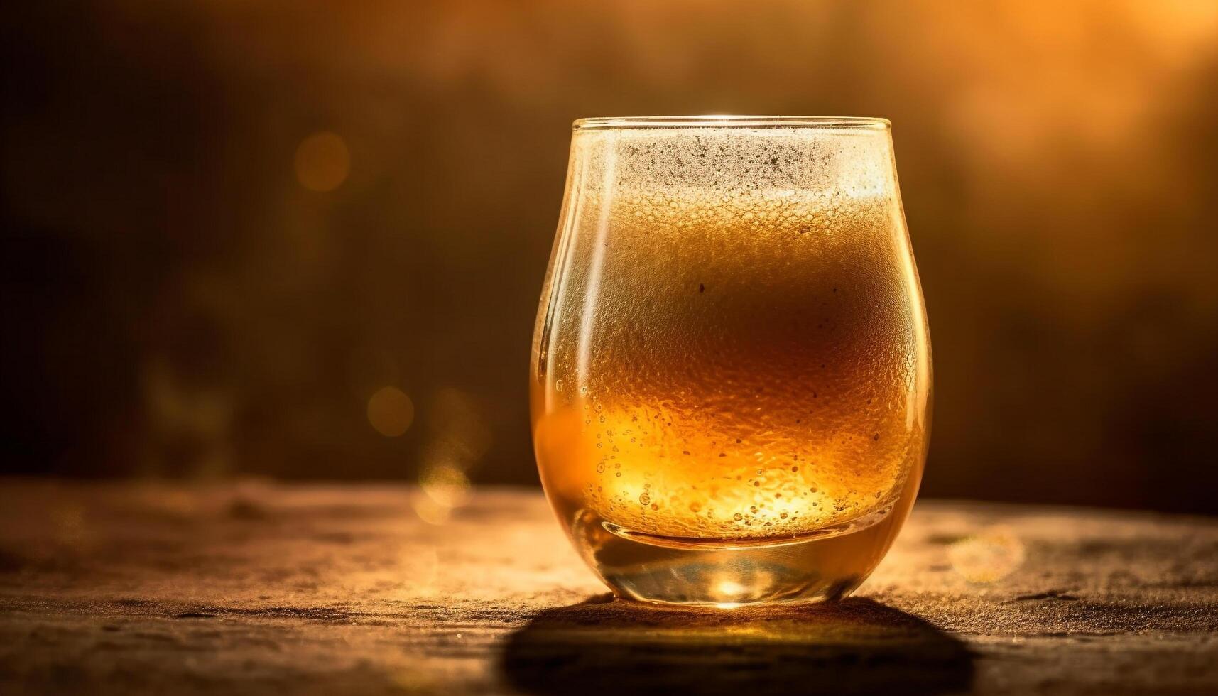 A frothy beer drop on a wooden table at sunset generated by AI photo