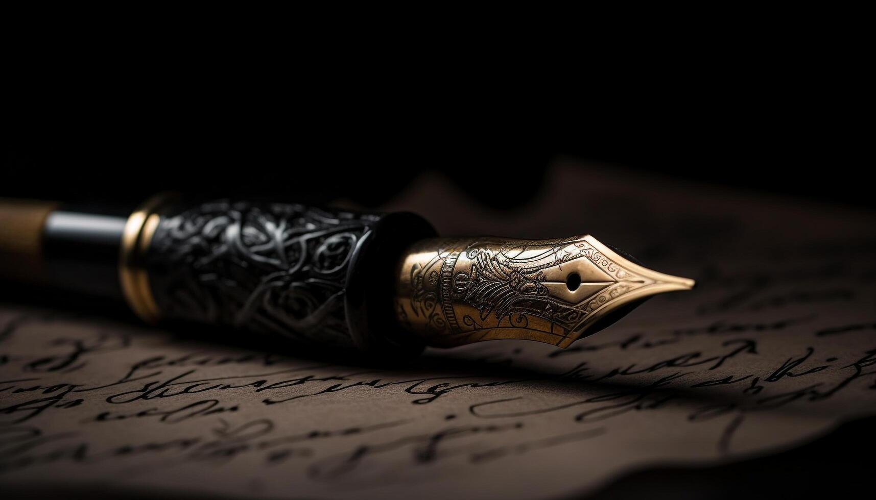 Antique quill pen writes history on parchment manuscript page generated by AI photo