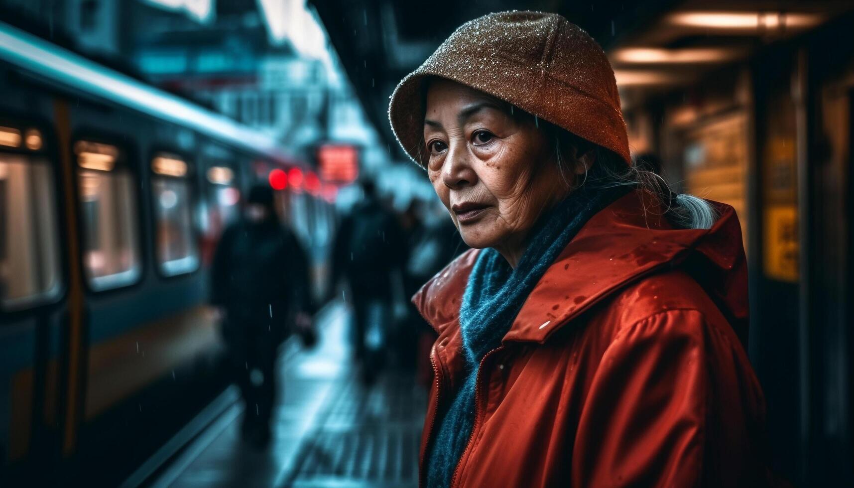 A commuter in warm clothing walks through the underground subway station generated by AI photo