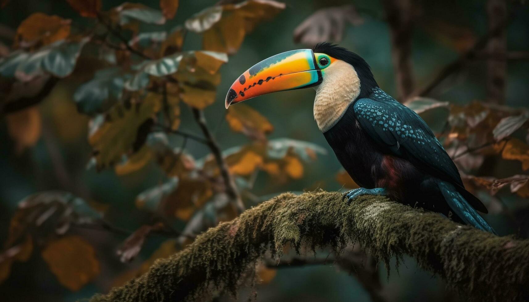 Vibrant macaw perching on branch in tropical rainforest paradise generated by AI photo