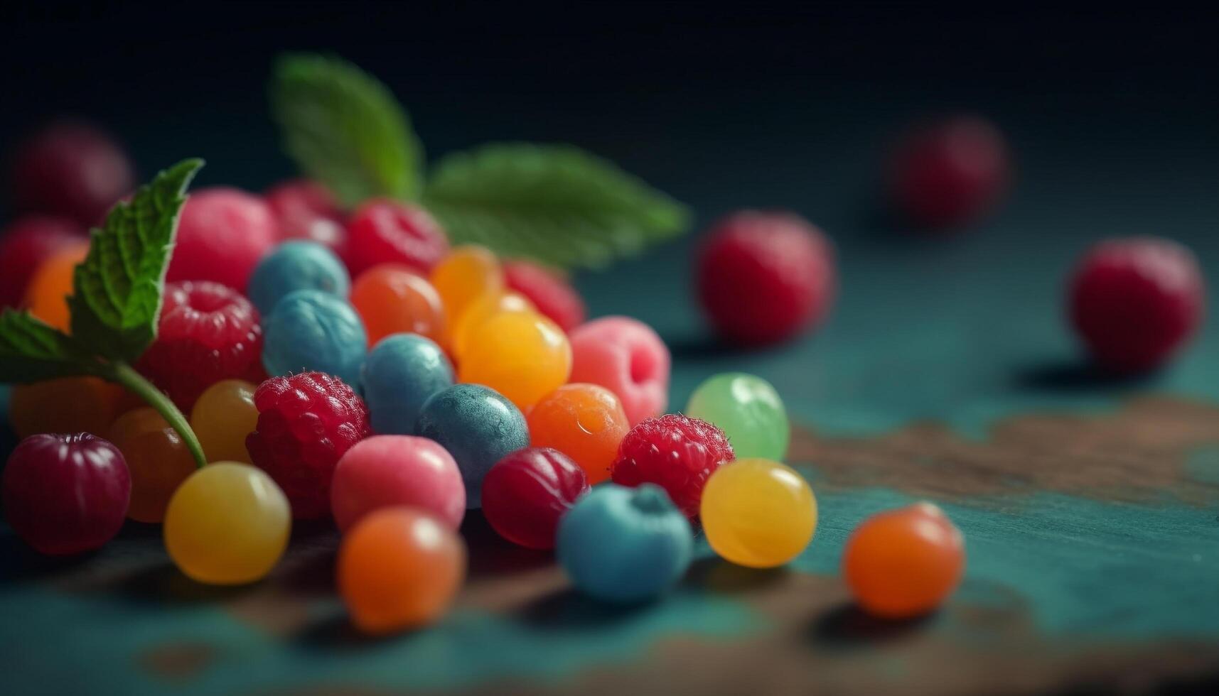 Indulgent gourmet dessert with multi colored candy and fresh berries generated by AI photo