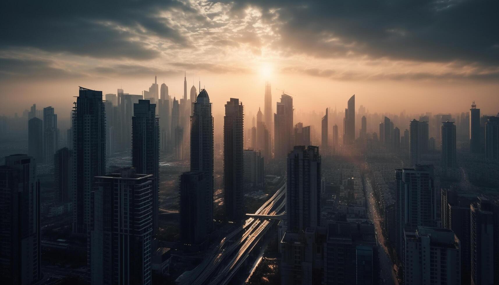 Futuristic business travel illuminates crowded modern financial district at twilight generated by AI photo
