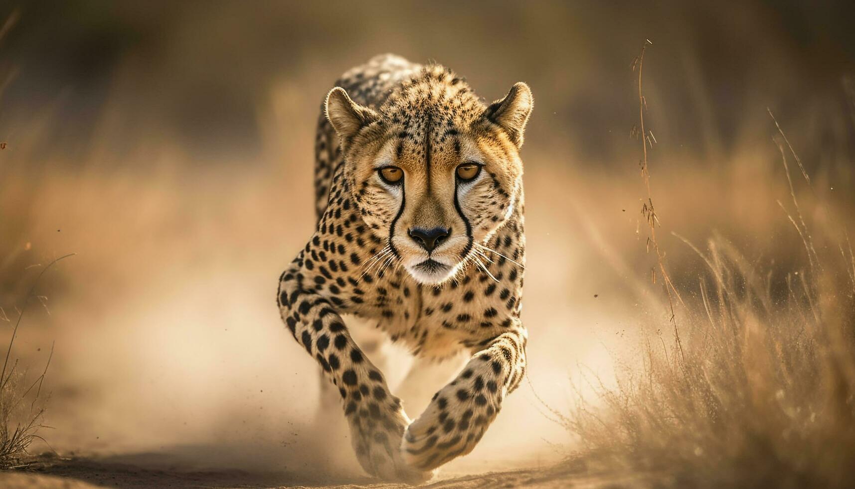 majestuoso leopardo caminando mediante sabana, curioso a puesta de sol belleza generado por ai foto