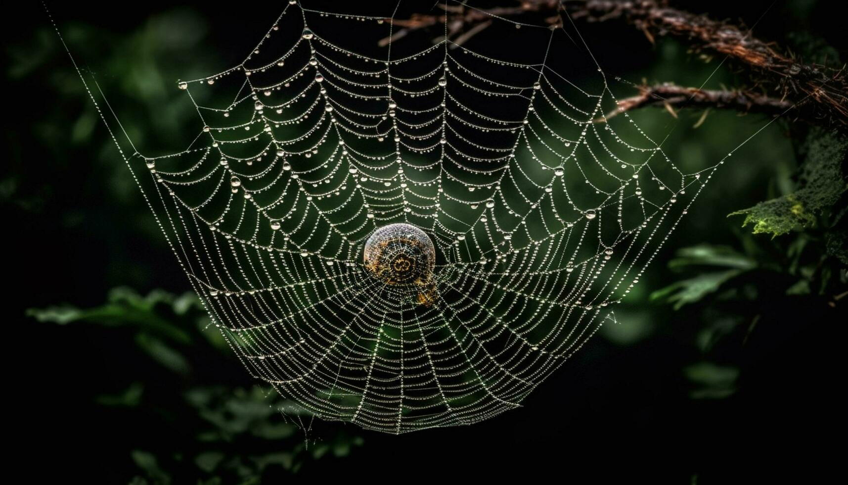 Spooky spider spins intricate web, capturing dew drops in autumn forest generated by AI photo