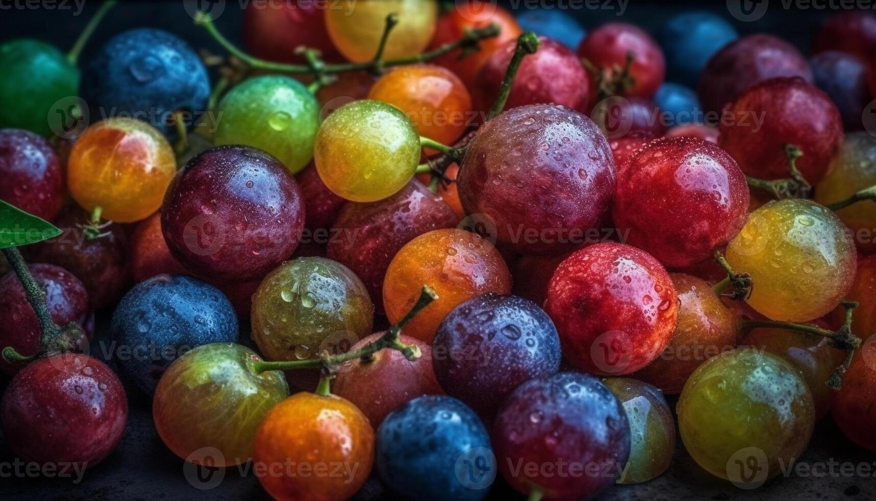 Juicy grape and tomato on dewy branch, fresh and healthy generated by AI photo