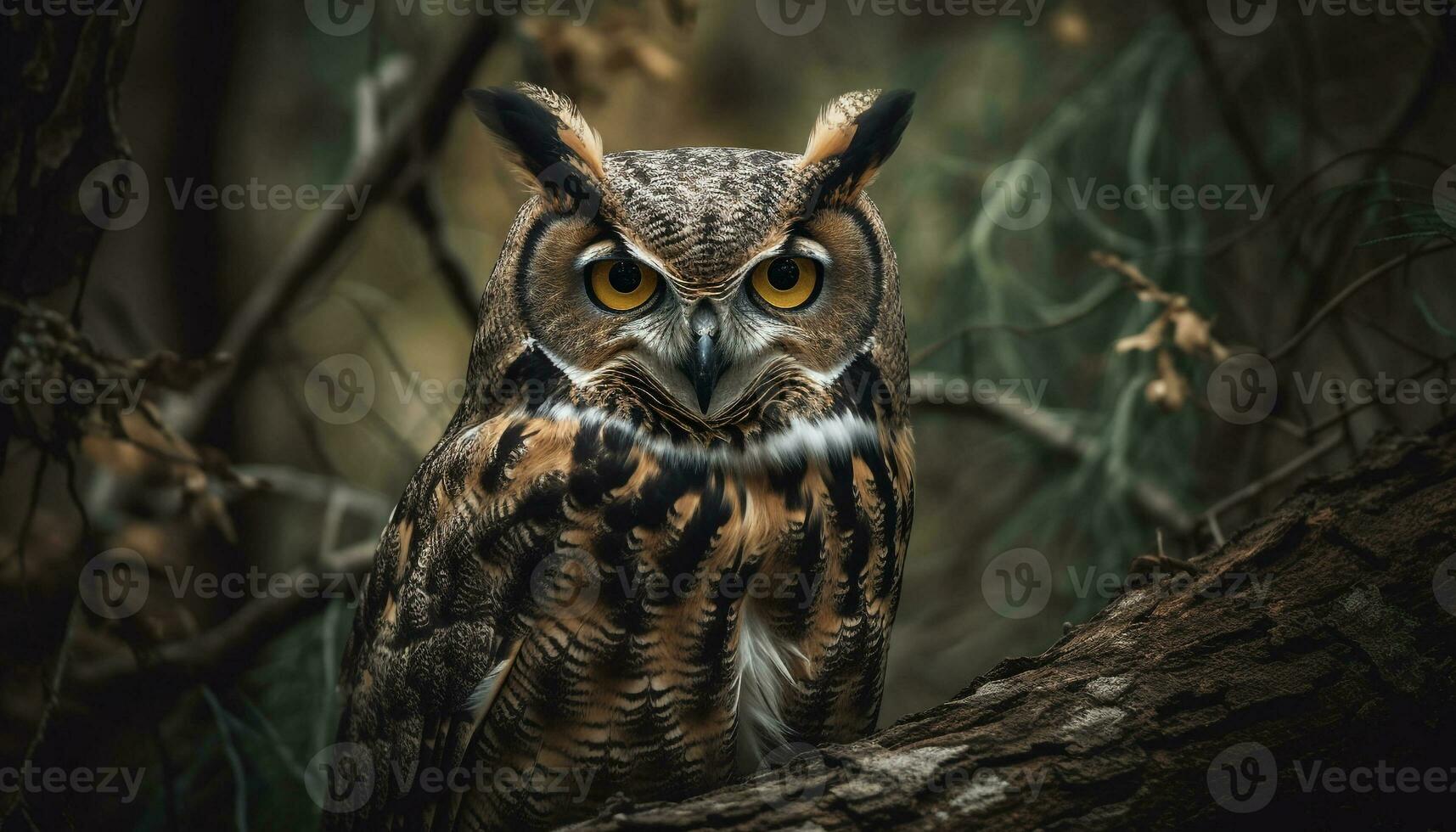 The great horned owl perching on a branch, staring evilly generated by AI photo