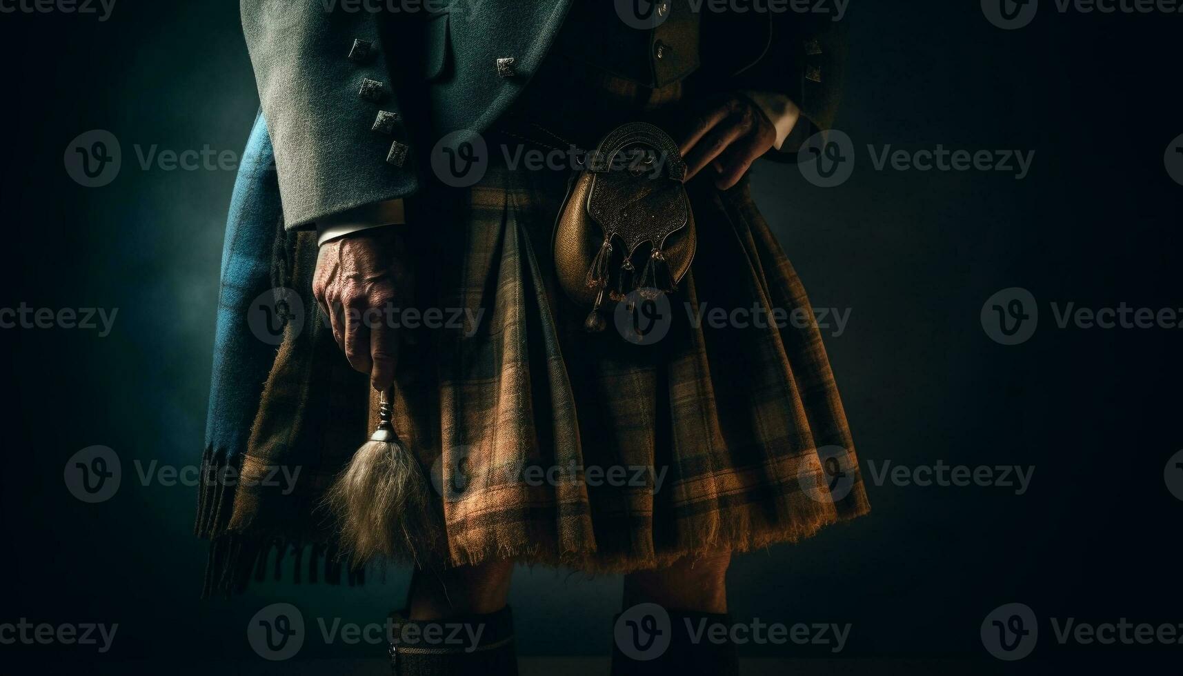 A Scottish man in traditional kilt walks elegantly on stage generated by AI photo