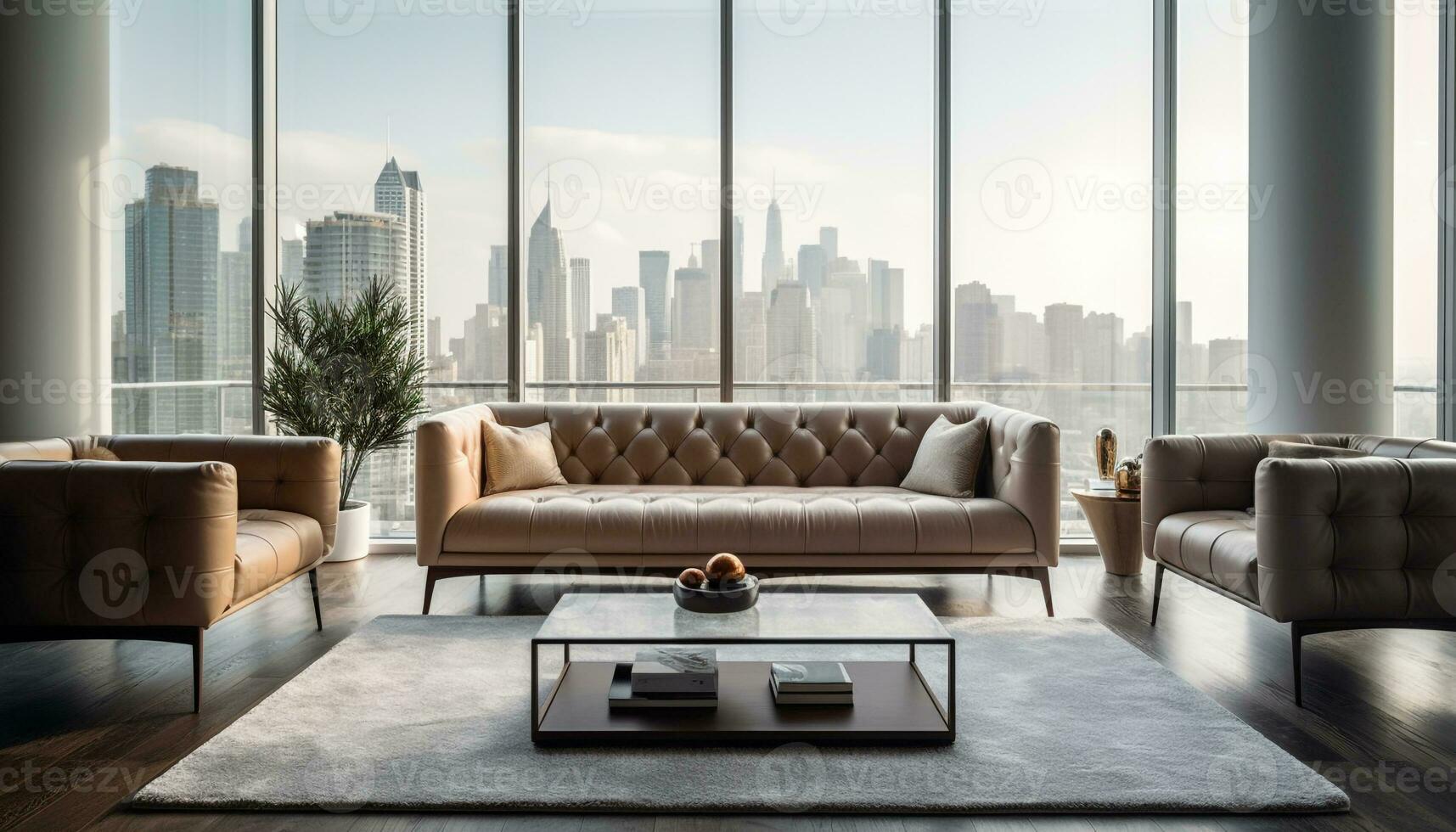 A modern, luxurious living room with comfortable armchairs and pillows generated by AI photo