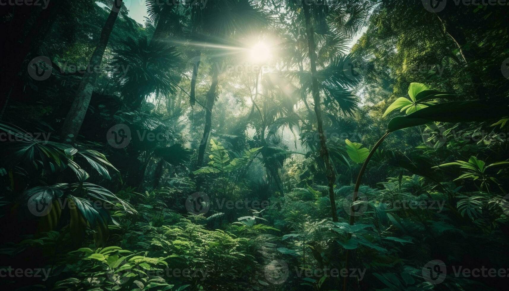 un tropical selva paisaje con verde arboles y luz de sol generado por ai foto